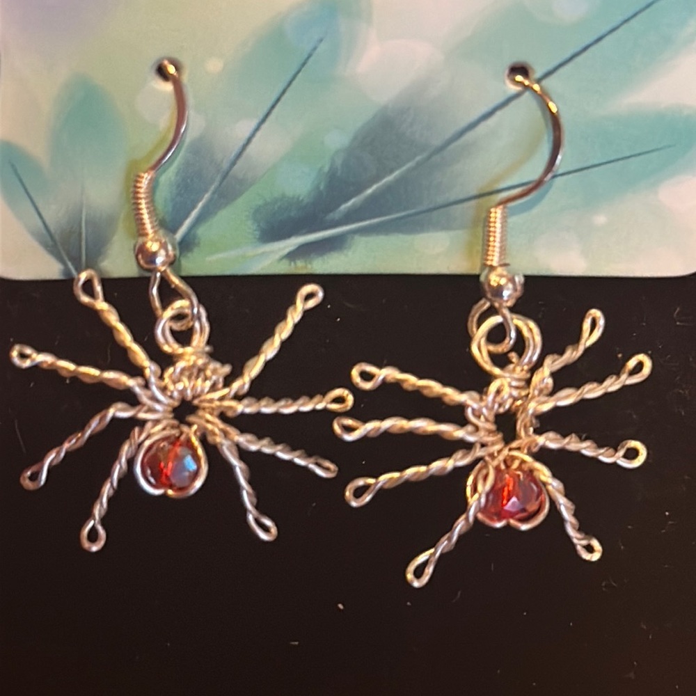 Silver Wire Handmade Spider Earrings Red Bead - Picture 1 of 7